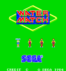 The title screen displays "WATER MATCH" in large red and blue pixelated letters centered within a yellow diamond outline against a bright green background. Below the title, four small pixel-art characters stand in a row, each rendered in red and white sprites. The SEGA logo appears in purple text near the bottom, with "CREDIT 0" and "© SEGA 1984" text in white at the very bottom of the screen. The overall composition uses a limited color palette typical of 1984 arcade hardware.