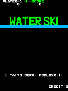 The title screen displays "WATER SKI" in large bright green pixelated text centered on a black background with a cyan horizontal line beneath it. At the top left, white text shows "PLAYER 1" with "HI-SCORE" and a value of "0" to its right. The bottom of the screen contains copyright information reading "© TAITO CORP. MCMLXXXIII" on the left and "CREDIT 0" on the right in small white text. The overall aesthetic uses a minimal color palette of green, cyan, white, and black typical of early 1980s arcade hardware.