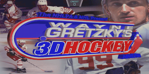 The title screen displays a large blue and red oval logo containing "WAYNE GRETZKY'S 3D HOCKEY" in white and blue text. Behind the logo, multiple hockey players in red and white jerseys are visible, including close-up portrait shots of players wearing helmets on the left and right edges. Players are shown in action poses on ice, with one wearing number 99. The background uses a dark blue tone with layered photographic imagery of hockey action and player faces.