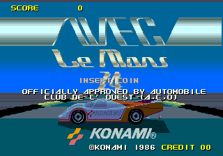 The title screen displays 'WEC Le Mans' in large blue 3D lettering at the center, with a side-profile view of a blue racing car positioned below it. The top-left corner shows 'SCORE 0' in yellow text on a blue bar. Below the car image, white text reads 'INSERT COIN' and 'OFFICIALLY APPROVED BY AUTOMOBILE CLUB DE L'OUEST 24H:00'. The Konami logo appears in the lower portion with yellow and red striped graphics, along with text indicating 'FROM 1986' and 'CREDIT 00'. The background transitions from blue to teal, suggesting a horizon line.