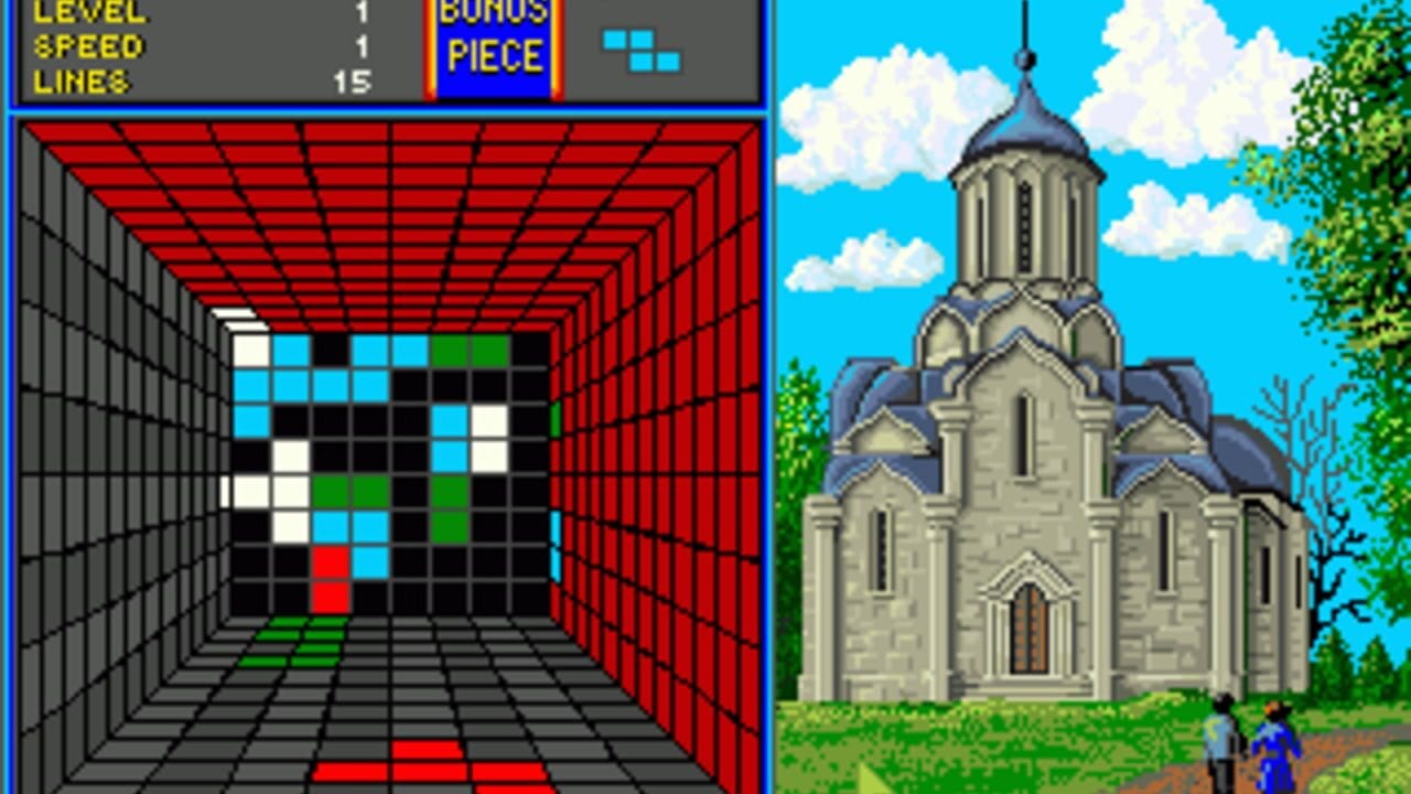 A split-screen display shows Welltris gameplay on the left with a 3D isometric well containing falling colored blocks in cyan, black, white, and red against red walls, and a green floor grid. The right side displays a scenic background featuring a stone Orthodox cathedral with a domed roof and blue spires, set against a blue sky with white clouds and green foliage. The top-left UI panel shows Level 1, Speed 1, Lines 15, with a Bonus Piece indicator and cyan block preview in the upper-right corner.