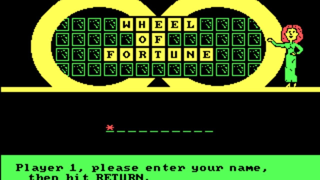 A large yellow wheel containing a grid of green squares with black patterns fills the upper portion of the screen, displaying the phrase "WHEEL OF FORTUNE" in yellow letters across the center. A green pixelated female character with red hair stands to the right of the wheel. Below, a small red cross symbol with a dashed green line extends downward against a black background. At the bottom, a bright green band displays black text reading "Player 1, please enter your name, then hit RETURN." The graphics use bright primary colors typical of 1980s computer game displays.