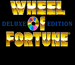 The title screen displays "WHEEL OF FORTUNE" in large yellow capital letters with a 3D beveled effect, positioned in the center-right portion of the screen. Above it, "DELUXE" appears in blue text on the left side, with a colorful circular pie chart graphic positioned between "DELUXE" and "EDITION" in blue text on the right. The background is solid black, creating high contrast with the bright yellow and blue typography. The overall layout is symmetrical and centered, typical of SNES title screen design from the early 1990s.