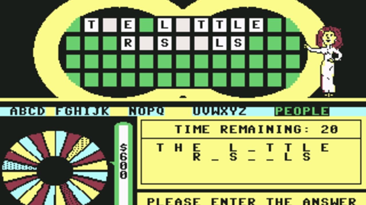 A Wheel of Fortune puzzle board dominates the upper portion, displaying the phrase "THE LITTLE _ _" with green and white tiles. Below, a spinning wheel with multicolored segments appears on the left, marked with "$6800". On the right side, a female game show host character in a yellow dress stands beside the puzzle. A yellow text box displays "TIME REMAINING: 20" and the incomplete puzzle "THE _R_S=_LLS" below. At the bottom, a status bar shows category tabs including "ABCD", "FGHIJK", "NOPQ", "UVWXYZ", and "PEOPLE". Thick black borders separate the retro DOS-era interface elements.
