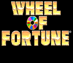 The title screen displays 'WHEEL OF FORTUNE' in large, gold-colored capital letters with a beveled 3D effect. A colorful spinning wheel graphic appears centered between the two words, rendered in bright primary colors with multiple segments. The entire design is set against a black background, characteristic of DOS-era graphics with limited color palette and pixelated text styling typical of late-1980s computer game presentations.