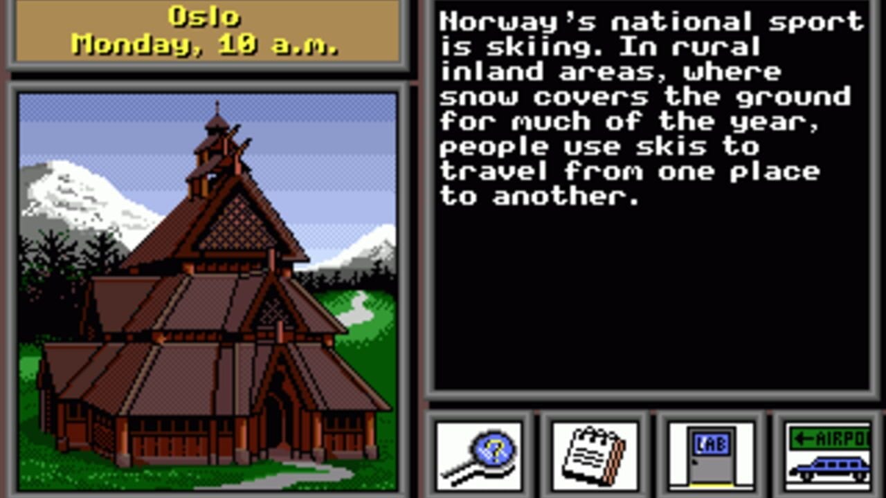A split-screen interface shows Oslo, Monday 10 a.m. on the left side with a red-roofed Norwegian stave church set against snow-capped mountains and green terrain. The right panel displays white text on black background describing Norway's national sport of skiing and its use for travel in snowy regions. At the bottom, four icon buttons include a magnifying glass, newspaper, computer screen labeled 'CAB', and an airport vehicle labeled 'CHIRPO'. The pixel art uses a 16-bit color palette with detailed sprite work characteristic of late 1980s computer adventure games.