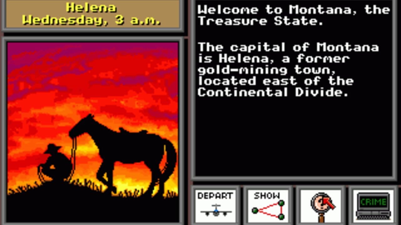 The screen displays Helena, Montana at Wednesday 3 a.m., with a silhouetted landscape showing a cowboy figure standing beside a horse against a dramatic orange and red sunset sky. White text on a black panel to the right introduces Montana as the Treasure State and provides geographical information about Helena as the state capital and former gold-mining town. Four interface buttons appear at the bottom: DEPART with an airplane icon, SHOW with a graph icon, a character portrait, and CRIME with a computer terminal icon. The left side features a tan-colored header bar with yellow text displaying the location and time.