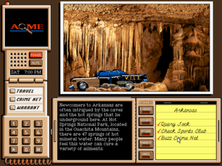 A cave interior with golden stalactites and stalagmites fills the center image. The left side shows a beige interface panel with an ACME logo at top, a calculator-style number pad, and function buttons labeled TRAVEL, CRIMENET, and DOSSIER. The right side displays a yellow note with three checkmarked items listing clues or locations. A black text panel below the cave photo contains descriptive information about the location. The overall layout uses a tan and brown color scheme with pixelated DOS-era graphics.