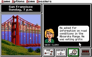 The screen displays a split layout with the Golden Gate Bridge illustration on the left side in red and blue tones against a light sky. On the right, a character portrait with blonde hair and a smiling expression appears alongside dialogue text reading 'He asked for information on road conditions in the Wasatch Range. He was eating goats.' Below the dialogue are four interface buttons with icons for game functions. Game menu headers at the top show 'Game Options Home Dossiers' with 'San Francisco' and 'Sunday, 7 p.m.' displayed in the upper left corner.