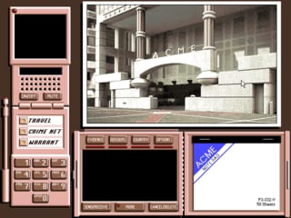 A split-screen interface displays a beige computer with a keyboard on the left side, alongside a central window showing a grayscale architectural scene with a domed building and a spotted turtle or tortoise in the foreground. Below the main image sits a dark text window and a white corner banner. The left panel includes menu options and a numeric keypad. The overall color palette is muted browns, grays, and blacks typical of early 1990s DOS-era graphics.