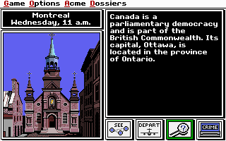The screen displays a split layout with a pixelated cathedral building on the left side featuring red and purple stone architecture with multiple spires, rendered in low-resolution DOS-era graphics. The right side contains white text on a black background describing Canada's parliamentary democracy and Ottawa as the capital. Below are four interface buttons labeled Game, Options, Home, and Dossiers in tan and green colors. The top left corner shows "Montreal" and "Wednesday, 11 a.m." in yellow text.