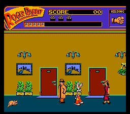 A side-scrolling level displays a yellow brick building facade with two red doors flanked by blue-framed windows and potted plants. A red-clothed male character stands on a teal-colored ground in the center, with a small sprite visible on the left edge. The top UI bar shows the Who Framed Roger Rabbit logo in orange and yellow on the left, a score display reading 00 in the center, and a "Rolling" indicator with "1 of 5" on the right. A blue health or status bar spans horizontally below the title area. The pixel art uses a limited color palette typical of NES-era graphics.
