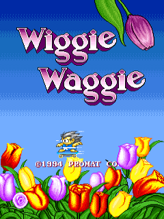The title screen displays 'Wiggie Waggie' in large pink outlined text centered at the top against a blue gradient sky. Below the title, a row of colorful tulip sprites in red, yellow, and pink fills the bottom third of the screen, rendered in low-resolution pixel art. The developer credit 'PROMAT' and year '1994' appear in small white text in the center-lower area. Two small bee or insect sprites hover above the flowers on either side.