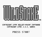 The title screen displays "Wild Snake" in large pixelated gray lettering at the top center. Below the logo, text reads "COPYRIGHT 1994 BULLET-PROOF SOFTWARE" and "COPYRIGHT 1994 AND J.J.C. GMBZ" in smaller print. At the bottom of the screen, "PRESS START" appears in gray text against the dark background. The overall presentation uses a monochromatic grayscale color scheme typical of Game Boy hardware.