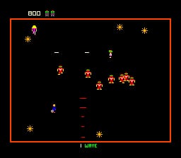 A black playfield bordered by a red rectangle contains multiple orange enemy sprites clustered in the center-right area, with a blue player sprite positioned in the lower-left section. Vertical and horizontal dashes form a grid pattern across the middle. Four orange eight-pointed stars mark the corners and edges of the play area. The score display reads '800' with a symbol in the upper left corner. A white horizontal line labeled 'I WAVE' spans the bottom of the screen. The overall visual style uses low-resolution pixelated sprites typical of early arcade games.
