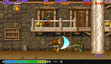 A side-scrolling action scene displays a player character wielding a blue sword in the center-lower area, facing brown-armored enemies. Wooden structures with railings occupy the upper portion, and a large white tree trunk dominates the right side. The HUD shows health bars, score counters, and a weapon indicator at the top in blue and red text. The background features a stone brick wall pattern with parallax layering. Pixel art sprites in 16-bit resolution fill the scene with warm earth tones and blues throughout.