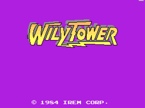 The title screen displays 'WILY TOWER' in large yellow capital letters with a black outline effect against a solid magenta background. Below the title, a copyright notice reads '© 1984 IREM CORP.' in small white pixelated text positioned in the lower-left area of the screen. The background is uniform purple with no additional graphics or UI elements visible.