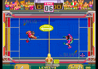 A blue frisbee court displays two pixelated characters facing each other across a center line, with a yellow disc suspended above. The left player wears red, the right player wears purple. A decorative red and gold border frames the playfield. At the top, a scoreboard shows "FIRE 06" and "INSERT COIN" text. The bottom displays "LEVEL 1" and "CREDIT 00" in arcade-standard font. The sprite art uses bright primary colors against the blue court background with visible pixelation typical of early 1990s arcade graphics.