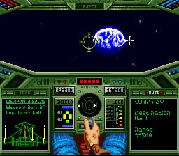 A space combat interface displays a blue and white planetary body centered in the upper viewport against a black starfield. The lower half shows a green-toned instrument panel with multiple readouts: a waveform graph on the left, a circular targeting reticle in the center, and status information on the right including armor, shield, and weapon displays. A pilot figure is visible in a cockpit view. Text labels indicate various combat systems and statistics. The HUD uses low-resolution pixelated graphics typical of early 1990s SNES gameplay.