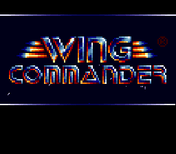 The title screen displays 'WING COMMANDER' in large pixelated orange and blue lettering against a dark navy background, with decorative horizontal line patterns above and below the text. The letters feature a metallic, beveled appearance typical of early 1990s video game typography. Small orange and blue accent marks flank the sides of the title. The entire interface uses a limited color palette of blues, oranges, and blacks on a black background, characteristic of SNES-era graphics.