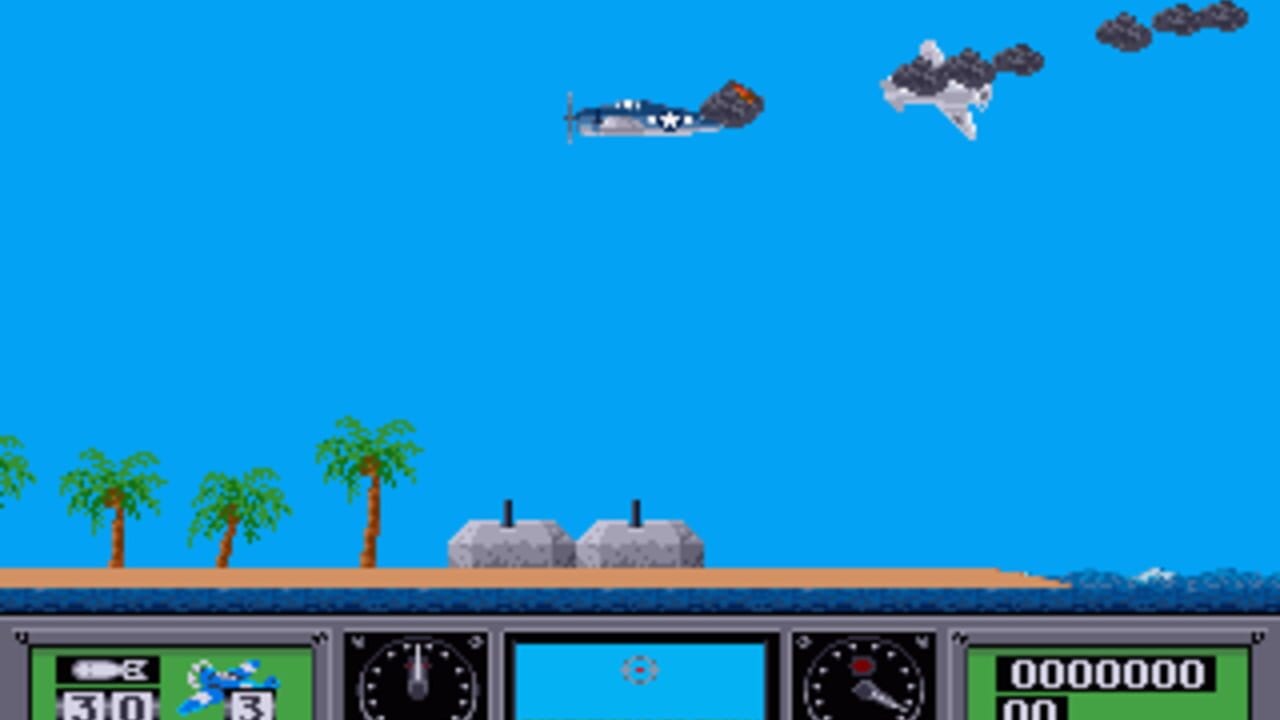 A tropical beach scene with blue sky, three palm trees, and two bunker structures on sand. Two military aircraft fly in formation above. A horizontal instrument panel at the bottom displays ammunition counters (310, 35), two analog gauges with needles, a central compass sight, and a score readout (0000000). Pixelated sprite graphics in low resolution with bright primary colors and blue water visible at the horizon.