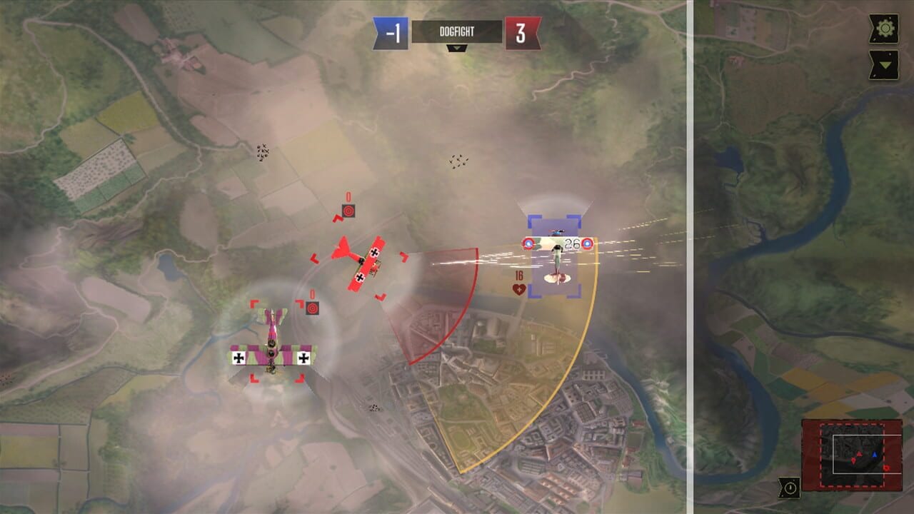 An overhead view of a dogfight scenario shows two squadrons engaged in combat. Red aircraft occupy the left side of the map with visible damage indicators and unit markers, while a white aircraft and blue support structures appear on the right. A score display at the top reads -1 versus 3. The map features a rural landscape with fields, roads, and a river winding through the lower portion. A yellow circular boundary marks the combat area. UI elements include a minimap in the bottom-right corner and various tactical icons scattered across the battlefield.
