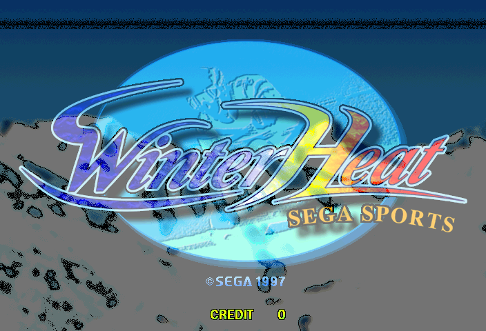 The Winter Heat title screen displays a large light blue globe in the center with embossed relief detailing. The game logo features blue and yellow gradient lettering with a curved swoosh design across the globe. Below the logo, "SEGA SPORTS" appears in gold text. A copyright notice "© SEGA 1997" is positioned in the lower center. The word "CREDIT" with a value of "0" is shown in yellow text at the bottom. The background is dark blue-gray with scattered snow particles or debris effects across the screen. Horizontal scan lines are visible at the top of the screen.