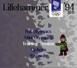 The title screen features a purple-gray background with faint snowflake patterns. The Lillehammer '94 Winter Olympics logo appears in the upper right with the Olympic rings symbol. On the left, "Lillehammer" text is positioned at the top. A small pixelated character sprite wearing a red beanie and green outfit stands in the lower center-right area. Five menu options are displayed vertically in white text: Full Olympics, Mini Olympics, Training Session, Options, and Records.