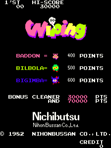 The title screen displays "Wiping" in large pink and yellow pixelated letters at the top center. Below are three enemy characters with their point values: Baddon (pink sprite, 400 points), Belbola (green sprite, 500 points), and Bigman (red sprite, 600 points). A bonus cleared section shows 20000 points and "PTS" text. The hi-score reads 30000 at the top right. At the bottom, copyright information reads "© 1982 NICHIBUTSU CO., LTD." in white text. The background is black with white and colored text elements arranged vertically.