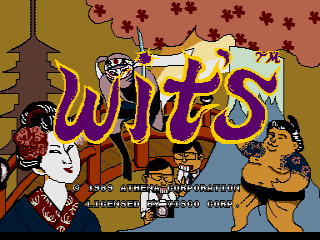 The title screen displays "WIT'S" in large purple and yellow pixelated lettering across the center. A brown tree silhouette appears in the upper left, with red star shapes scattered across a tan and brown gradient background. Three anthropomorphic characters are positioned at the bottom: a white-gloved figure on the left, a character in the center wearing dark clothing with a circular face, and a brown creature on the right. Text and numbers appear in a dark bar at the very bottom of the screen, typical of arcade game UI elements from the late 1980s.