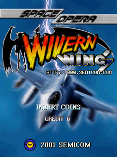 The arcade title screen displays "Wivern Wings" in large orange and yellow gradient lettering centered on the screen. Above the title, a stylized black dragon illustration appears against a blue gradient background. Below the title text, white font reads "INSERT COINS" and "CREDIT 0". At the bottom, a 2001 SemiCom copyright notice is visible. The overall color scheme uses deep blue tones with white and orange accents typical of early 2000s arcade game design.