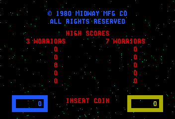 The arcade title screen displays "© 1980 MIDWAY MFG CO ALL RIGHTS RESERVED" in blue text at the top, followed by "HIGH SCORES" in red. Two columns labeled "3 WARRIORS" and "7 WARRIORS" show vertical lists of single-letter placeholders in red text. At the bottom, a blue-outlined box on the left and yellow-outlined box on the right each display a "0" score counter, with "INSERT COIN" in red text centered between them. Black starfield background fills the screen.