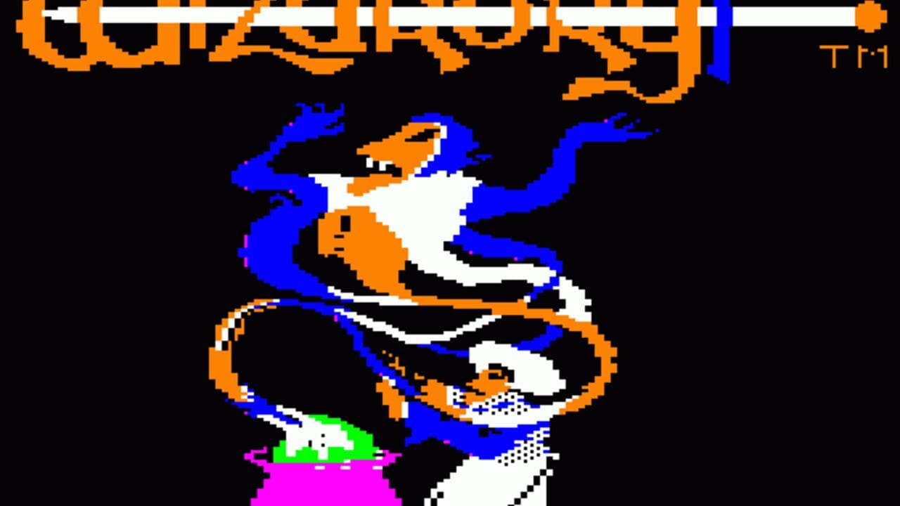 A pixelated sprite of a blue and orange character with outstretched arms dominates the center of a black background. The character has a white torso, orange beak-like head, and blue wing-like limbs with articulated segments. Orange decorative arches frame the character's body. At the bottom, a green and magenta shape appears partially visible. Orange text reading "TM" is positioned in the upper right. The overall color palette uses bright orange, blue, white, and magenta pixels against black, characteristic of early 1980s computer graphics.