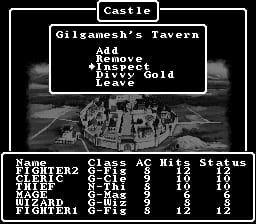 A menu interface displays Gilgamesh's Tavern with options to Add, Remove, Revive, and Exchange Gold. Below, a party roster shows six characters with their class, AC (armor class), hit points, and status values arranged in columns. The background depicts a grayscale illustration of a castle structure with figures and architectural details rendered in a low-resolution pixel art style typical of early 1990s SNES RPGs.
