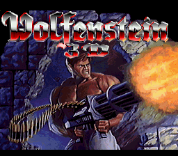 The Wolfenstein 3D title screen features the game's logo in large white pixel letters at the top, with a stylized Nazi soldier character positioned centrally wearing military garb and holding a weapon, set against a dark blue stone wall background. An explosion with orange and yellow flames erupts to the right of the soldier. The art uses a low-resolution sprite style with limited color palette typical of early 1990s DOS graphics, rendered in 320x200 pixel resolution.