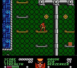 Wolverine stands in the center of a green latticed corridor with brown wooden platforms scattered vertically. Two golden orbs float in the upper half of the screen. A horizontal pipe structure spans the right side of the level. The HUD displays a score of 000000 at top left, with a timer showing 99 at top right. The left edge shows a vertical blue status bar. At the bottom, small yellow and red enemy sprites occupy the lower platforms.