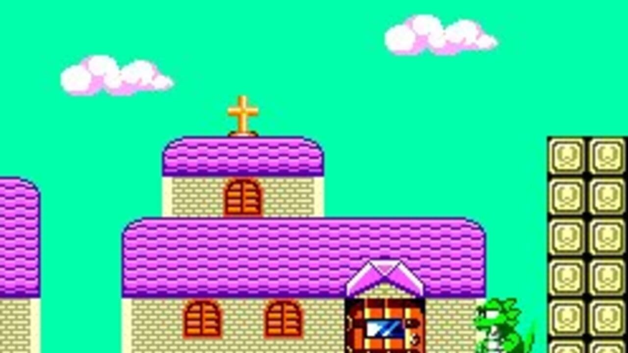 A bright cyan sky with two pink-and-white clouds frames a stone castle with purple tile roofing and a gold cross atop the central tower. The main building features cream-colored brick walls, red-orange wooden doors, and smaller turret structures. On the left, a partial purple-roofed tower is visible. On the right, an eight-slot inventory grid with skull icons displays in a yellow-bordered frame. A green bush sprite appears in the lower right corner. The scene uses 8-bit pixel art with a limited color palette typical of early SMS hardware.