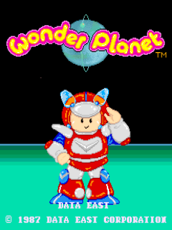 The title screen displays 'Wonder Planet' in large pink and yellow letters at the top against a black background. Below sits a cheerful pixel-art character with a round face, red outfit, and blue antennae, standing on a teal platform. The character holds a wrench in one hand and a hammer in the other. At the bottom, copyright text reads '© 1987 DATA EAST CORPORATION' with 'DATA EAST' prominently displayed. The overall color palette features bright reds, blues, yellows, and teals against the black background, typical of late 1980s arcade game aesthetics.