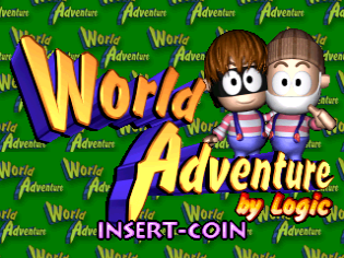 The title screen displays large yellow "World Adventure" text overlaid on a green background filled with repeated "Adventure" text. Two character sprites—one with brown hair and one with white hair, both with round heads and simple features—stand in the center-right area wearing colorful striped clothing. Below them, blue and purple geometric shapes frame the composition. "INSERT-COIN" text appears at the bottom in white lettering. The overall art style uses bright primary colors and low-resolution sprite graphics typical of late-1990s arcade games.
