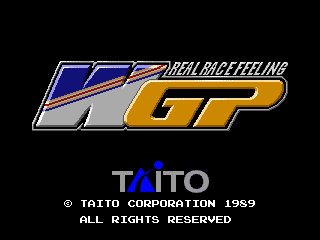 The title screen displays a stylized "GP" logo in blue and gold at the top center, with "DREAM RACE FEELING" text integrated into the design. Below the logo sits the TAITO branding in blue capital letters. Copyright text reading "© TAITO CORPORATION 1989 ALL RIGHTS RESERVED" appears centered at the bottom in white pixels against the black background. The entire layout uses a simple, clean presentation typical of late 1980s arcade game title screens.