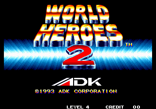 The World Heroes 2 title screen displays the game's logo in large yellow and red lettering at the top, centered over a black background with a blue electrical wave effect running horizontally behind it. Below the logo sits the red numeral "2". The ADK Corporation copyright notice appears centered in white text, followed by game status information reading "LEVEL 4 CREDIT .00" in the bottom left corner. The overall layout uses a dark background with bright colored text and effects typical of early 1990s arcade title screens.
