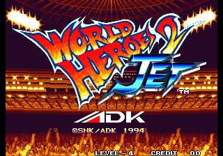 The title screen displays 'World Heroes 2 Jet' in large red and blue pixelated lettering against a dark background, with orange and white flame effects flanking the logo. Below the title, the ADK and SNK developer logos are visible. A stadium or arena structure with orange lighting appears in the background. At the bottom of the screen, UI elements show 'LEVEL 4' on the left and 'CREDIT 00' on the right, typical of arcade game displays.