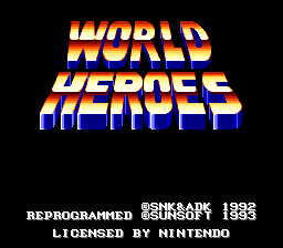 The title screen displays 'WORLD HEROES' in large orange and blue italicized letters centered near the top against a black background. Below the title, white text reads 'REPROGRAMMED' and 'SUNSOFT 1993' on the left, with 'KONAMI' and 'LICENSED BY NINTENDO' on the right, indicating the game's publisher, year, and platform licensing information.