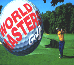 A golfer in yellow clothing stands on green grass, mid-swing, facing a massive golf ball floating above the ground. The ball's surface displays "WORLD MASTER" in large red letters. Blue sky and green trees fill the background, with a bright sun visible at the top. The scene uses a low polygon 3D style typical of early 1990s sports game graphics.