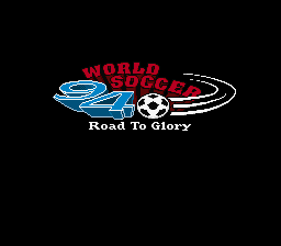 The title screen displays a stylized soccer ball logo in red and white at the center-top, flanked by blue and red curved design elements. The text "WORLD SOCCER" appears in red above the logo, with "Road to Glory" in white text centered below. The black background contrasts with the bright colors of the graphic elements, which feature the typical SNES-era pixel art aesthetic and limited color palette.