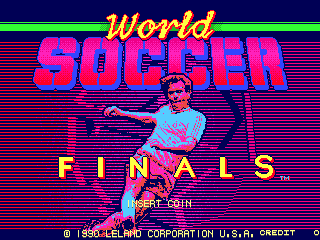 The title screen displays "World Soccer Finals" in large magenta letters against a dark blue background with horizontal scan line effects. Yellow text reading "FINALS" appears below the main title. A digitized photograph of a soccer player in a light blue uniform kicking a ball is centered in the image. At the bottom, white text reads "INSERT COIN" and copyright information for Leland Corporation and Centuri is visible. The overall aesthetic uses a cyan-to-magenta color-shifted photographic treatment typical of early 1990s arcade cabinets.