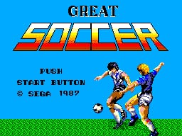 The title screen displays 'GREAT SOCCER' in large yellow and red block letters against a bright blue background. Below the logo, two football players in different colored uniforms are shown in mid-action with a soccer ball between them, rendered in pixel art. Text reads 'PUSH START BUTTON' and '© SEGA 1987' at the bottom. A green grass line runs across the lower portion of the screen. The overall aesthetic is typical of early 1980s Master System graphics with solid colors and low-resolution sprites.