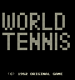 A black screen displays the title 'WORLD TENNIS' in large pixelated white letters arranged in two rows. Below the title, small white text reads '(C) 1982 ORIGINAL GAME'. The lettering uses a blocky, dot-matrix style typical of early 1980s arcade graphics, with each character composed of small white squares against the solid black background.