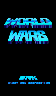 The title screen displays "WORLD WARS" in large cyan pixelated letters with a dripping effect against a black background. Below the title, "SNK" and "©1987 SNK CORPORATION" appear in smaller cyan text at the bottom of the screen. The overall composition is centered and uses a limited cyan-and-black color palette typical of 1980s arcade hardware.