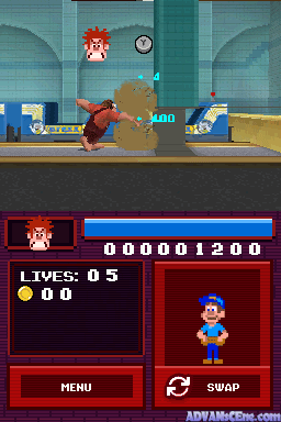 A split-screen NDS gameplay display shows two levels. The upper screen features a pixelated character in red and yellow clothing jumping over brown boxes in a blue-tiled industrial corridor with arched doorways. The lower screen displays a character select or status area with a small blue pixelated figure standing on a dark red background. A HUD panel at the bottom left shows "LIVES: 05" with health indicators, a score of "00001200" centered at top, and red menu buttons labeled "MENU" and "SWAP" at the bottom of the lower screen.